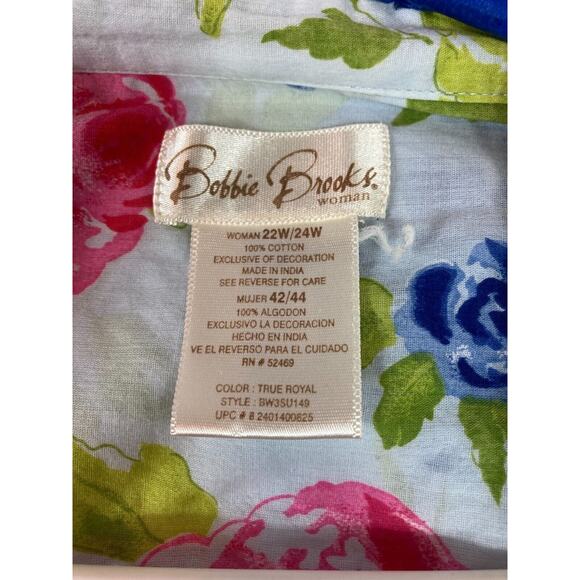 Bobbie Brooks Woman‎ 100% Cotton Short Sleeve Button Up Shirt Blue Floral 22-24W - Picture 3 of 16